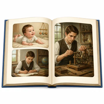 An open book shows picture scenes from an inventor's life.