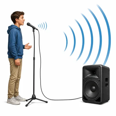 A student uses a microphone to make sound louder.