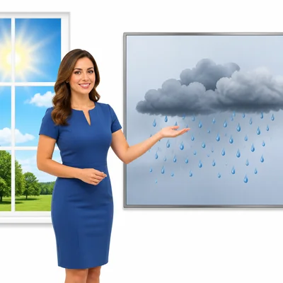 A weather presenter predicts rain with rain clouds on a board.