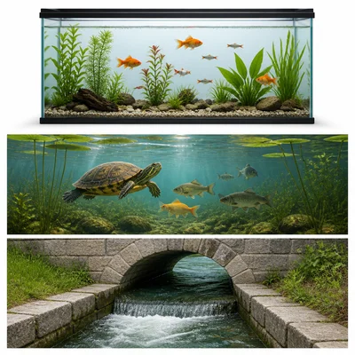 An aquarium, aquatic animals, and an aqueduct carrying water.