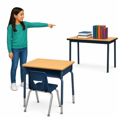 A student points to books on a far table, away from an empty nearby desk.