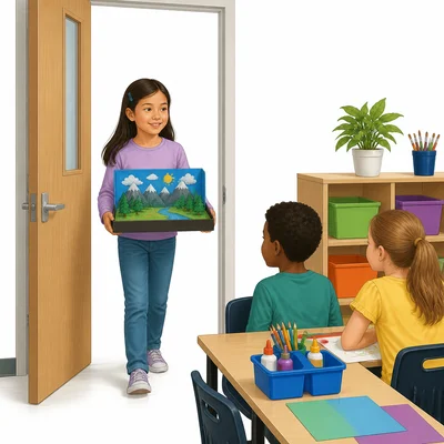 A girl carries her art project into a classroom.