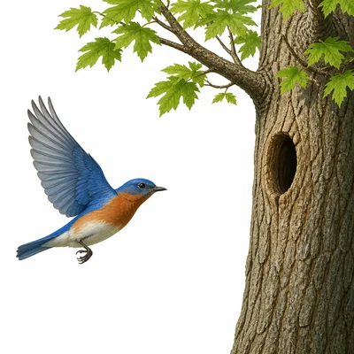 A bird flies toward a tree.