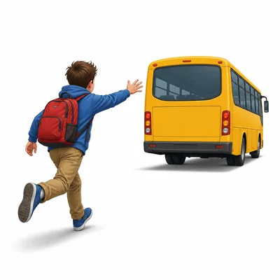 A child runs after a bus that is leaving.