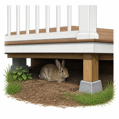 A rabbit hides under a raised porch.