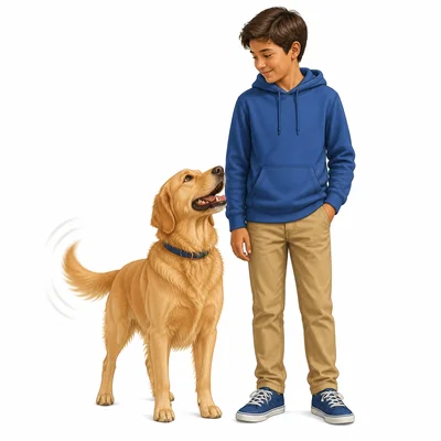 A dog wags its tail while standing next to its owner.