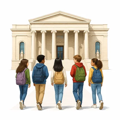 A group of students walks together toward a museum building.