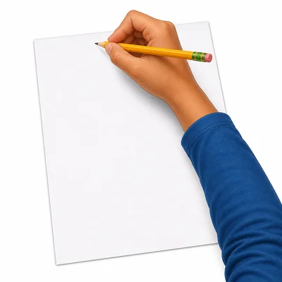 A student holds a pencil at the top of a blank worksheet.
