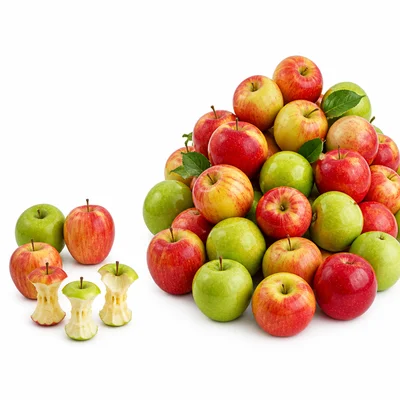 A small group of apples and apple cores is shown beside a larger imagined pile of apples.