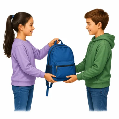 One student gives a blue backpack to another student.