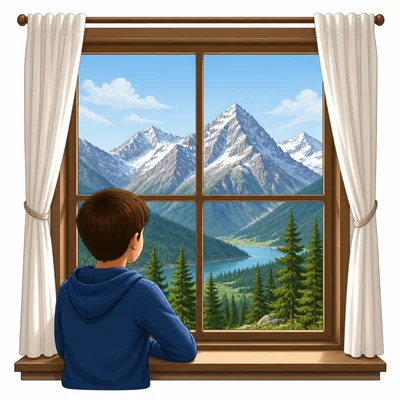 A child sees mountains through a window.