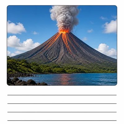 A page showing a volcano picture with caption lines underneath.