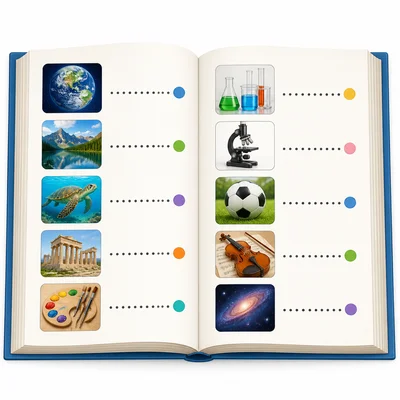 An open book with a table-of-contents-style list and topic pictures.