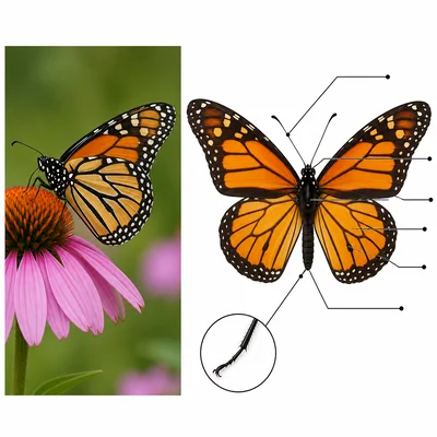 A butterfly photograph-style image beside a butterfly diagram with labels.