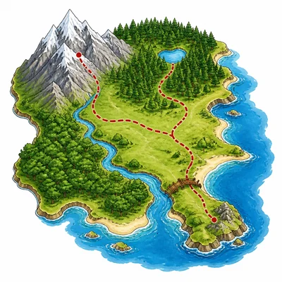 A colorful map showing land, water, mountains, forest, and a route.