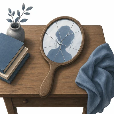 A cracked mirror on a desk reflecting a fragmented silhouette.