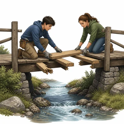 Two students repair a broken bridge together.