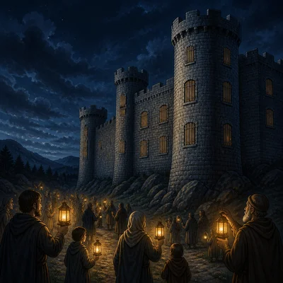 People with lanterns gather outside a castle with covered windows.