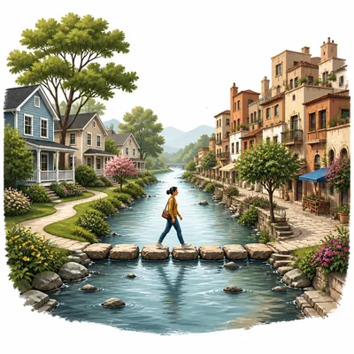 A river separates two neighborhoods as someone crosses between them.