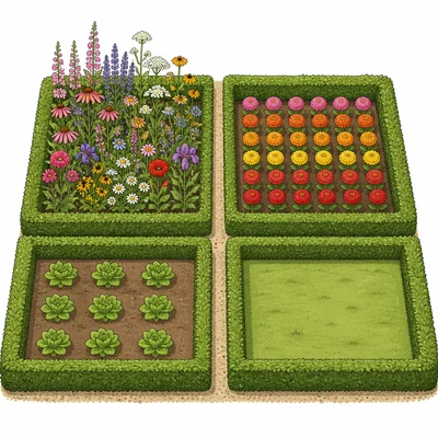 A divided garden contrasts wild flowers with uniformly trimmed flowers.