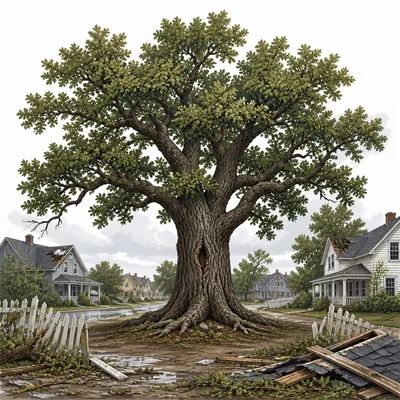 A strong oak tree stands in a storm-damaged town.