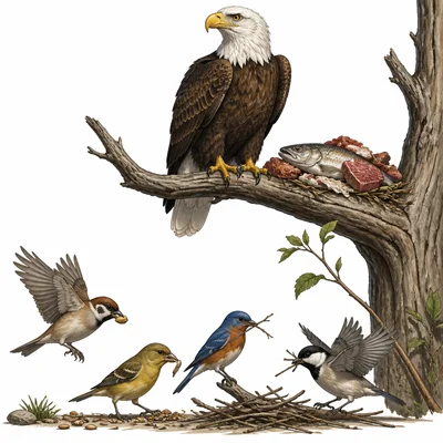 A proud eagle takes food while smaller birds work below.