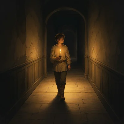 A person carries a candle through a dark hallway.