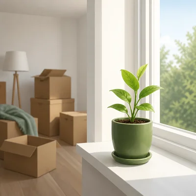 A small plant grows on a windowsill near moving boxes.