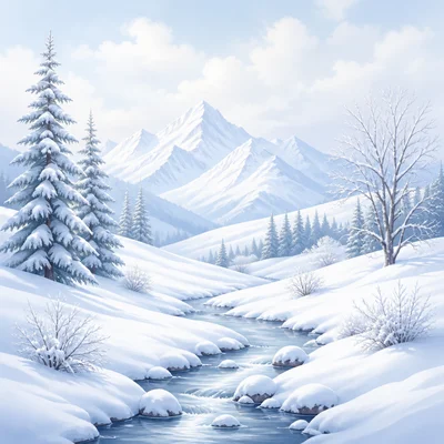 Snow covers the landscape like a blanket.