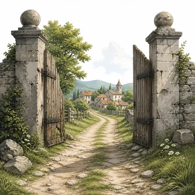 An open gate leads to a path toward a new village.