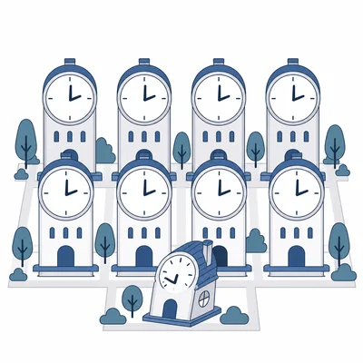 One different clock stands among many identical clocks.