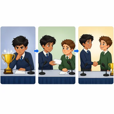 Three-stage chart showing a debater shifting from focusing on winning to helping an opponent and gaining a friend.