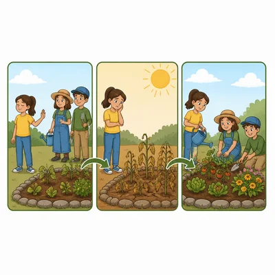 Three-panel story map showing a girl refusing help with a garden, wilted plants, then neighbors helping the garden bloom.