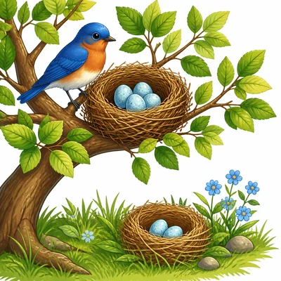 Bird nests in a tree and on the ground with eggs.