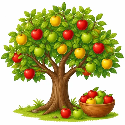 An apple tree with red, green, and yellow apples.