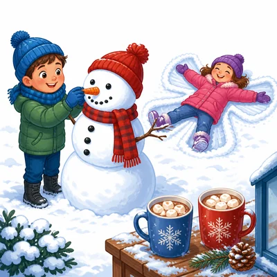 Children enjoying a snow day with a snowman, snow angel, and cocoa.