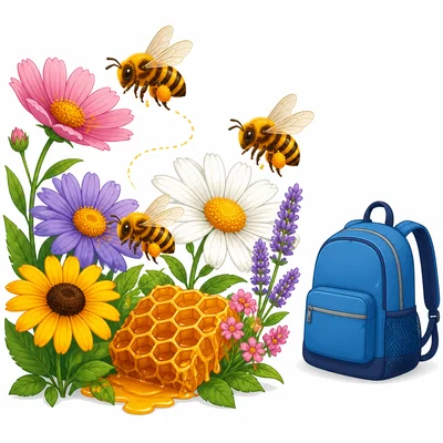 Bees near flowers and honeycomb with a blue backpack off to the side.