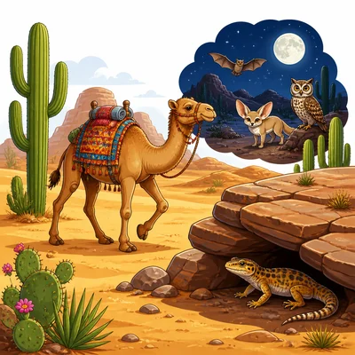 Desert animals including a camel and lizard in a sandy habitat.