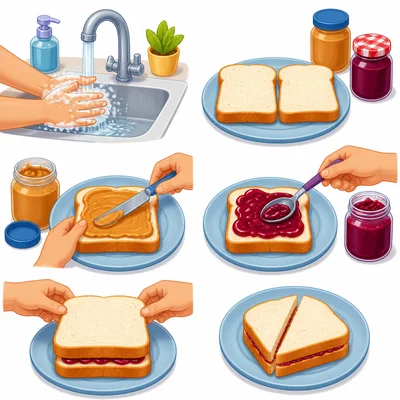 Items showing how to make a peanut butter and jelly sandwich.