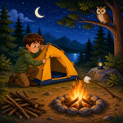 A child doing campsite activities near a tent, campfire, and owl.