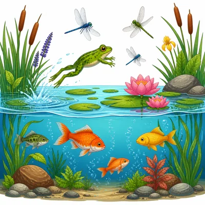 A pond with frogs, fish, dragonflies, and plants.