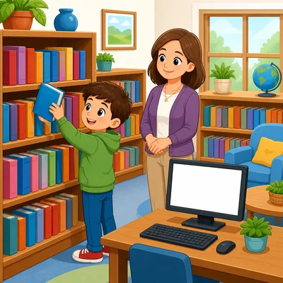 A child in a library with books, a librarian, and a computer.
