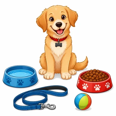 A dog with food, water, a leash, and a ball.