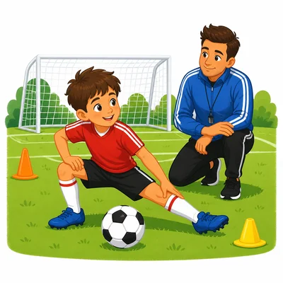A child stretching at soccer practice with a coach nearby.