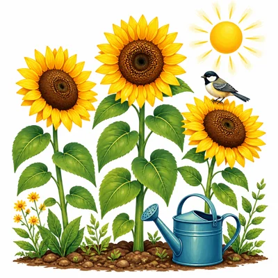 Tall sunflowers growing in sunshine with water and a bird nearby.