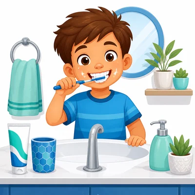 A child brushing their teeth at a sink.
