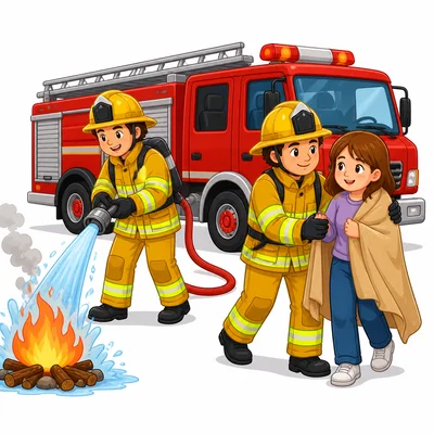 Firefighters putting out a fire and helping a person.