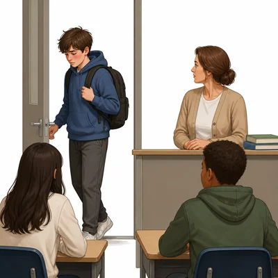 A student enters class late with a backpack on, flushed cheeks, and avoids the teacher's gaze.