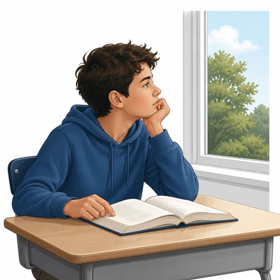 A student looks out the window while distracted from reading a book.