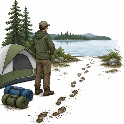 A camper sees rolled sleeping bags and muddy footprints leading toward a lake.